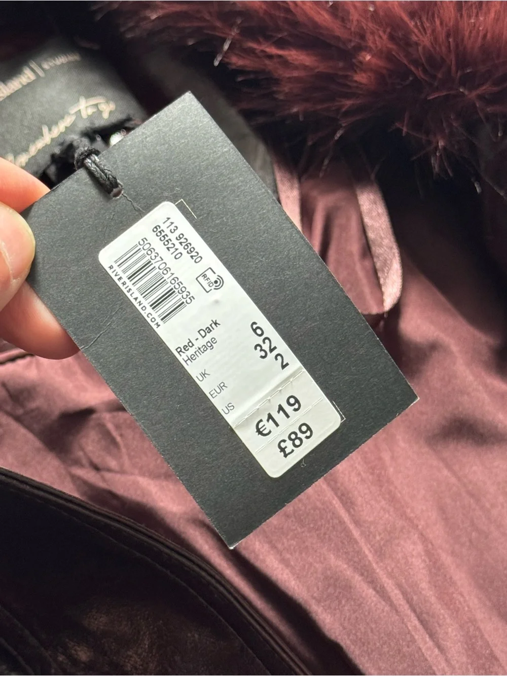 NWT River Island Studio Faux Fur Trim Leather Trench Matrix Coat Dark Red, Sz 2